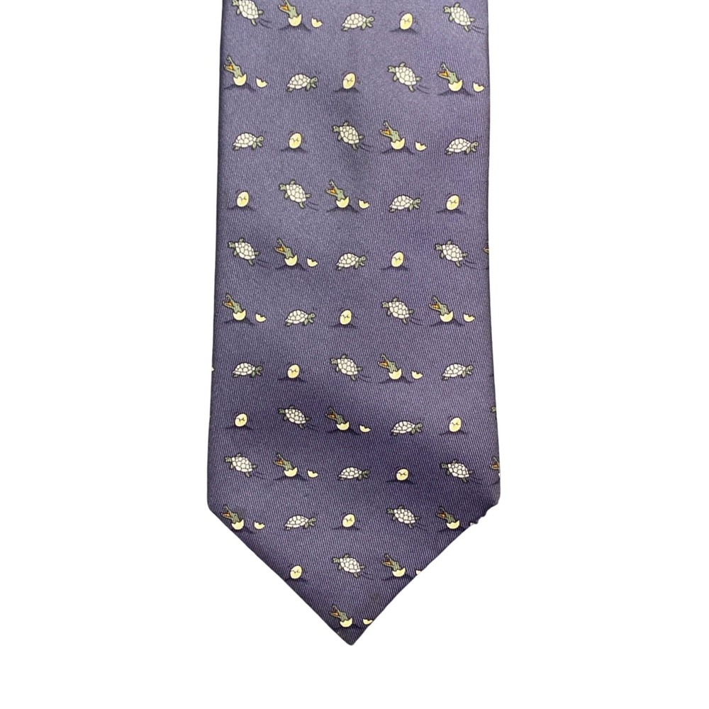 Hermes Paris Silk Tie Blue Grey Turtle Hatching Crocodile Animal Print 5077 PA